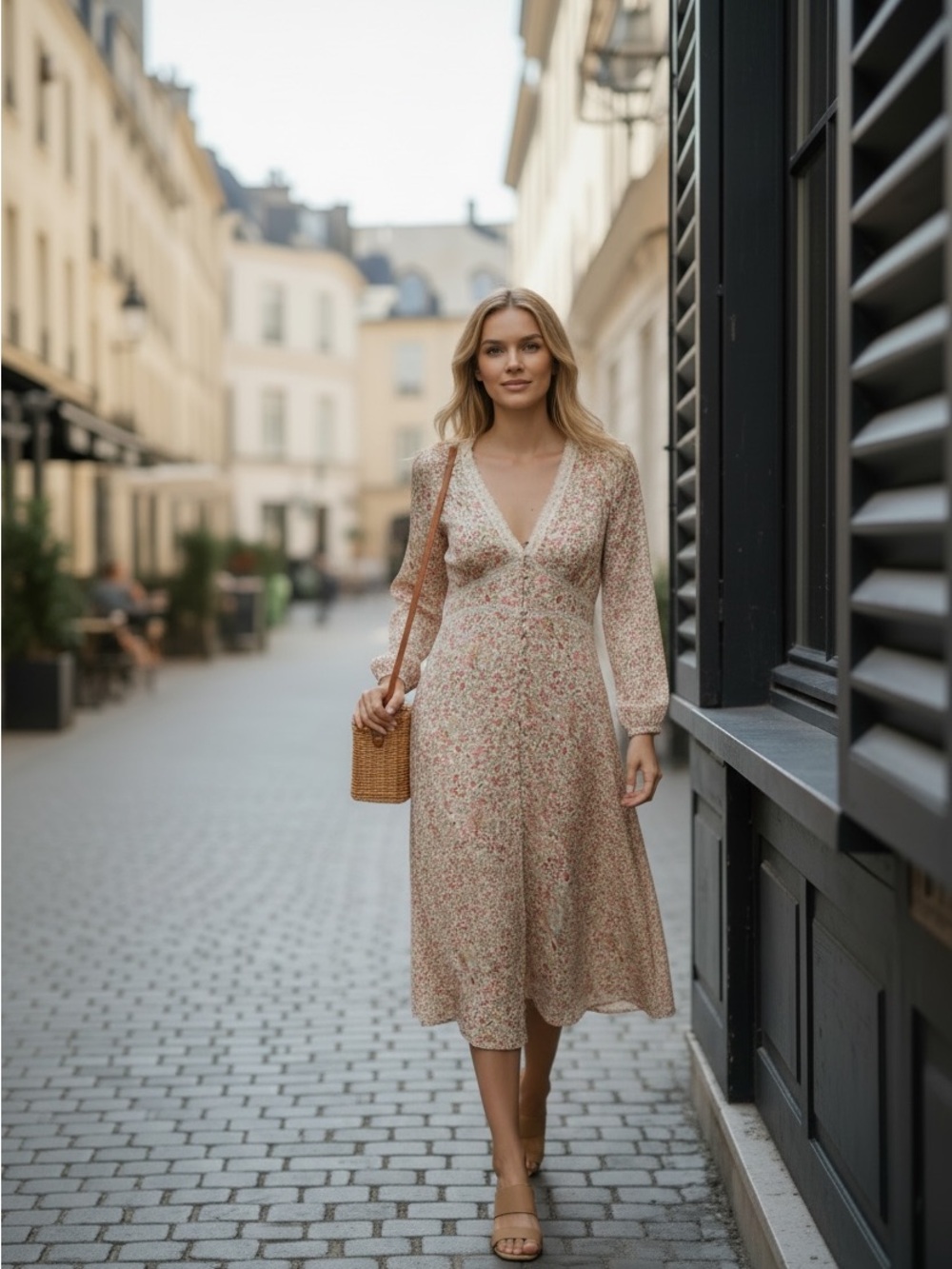 Zara Cream Floral Button-Front Dress with Lace Trim